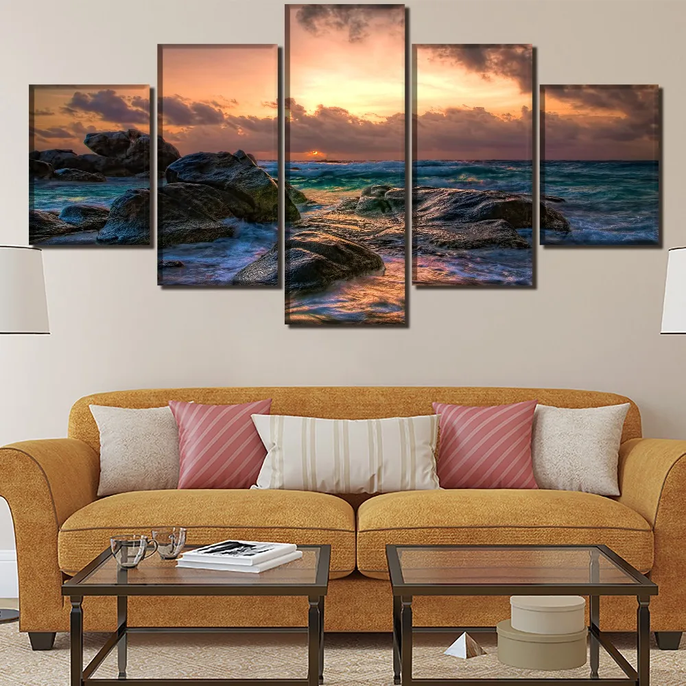 Wall Art Canvas HD Prints Modular Pictures 5 Pieces Horizon Ocean Rock Sky Sunset Wave Landscape Paintings Decor Artwork Frame | Дом и сад