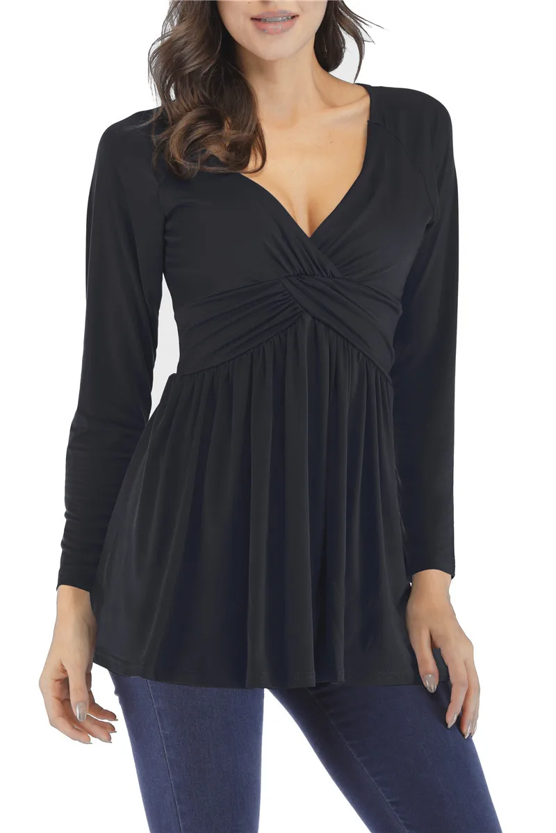 Autumn and winter hot style women's V-neck solid color pleated loose long sleeved ladies T-shirt top bottoming shirt
Autumn and winter hot style women's V-neck solid color pleated loose long sleeved ladies T-shirt top bottoming shirt