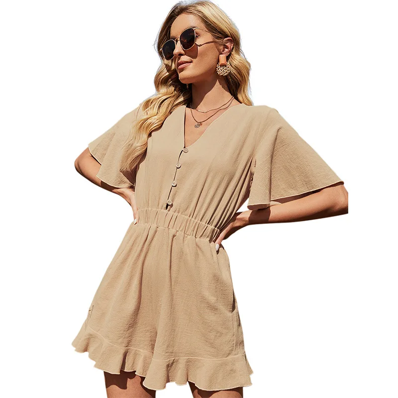 2021 summer new 100% cotton solid color single breasted V-neck short high waist short sleeve Jumpsuit
2021 summer new 100% cotton solid color single breasted V-neck short high waist short sleeve Jumpsuit
