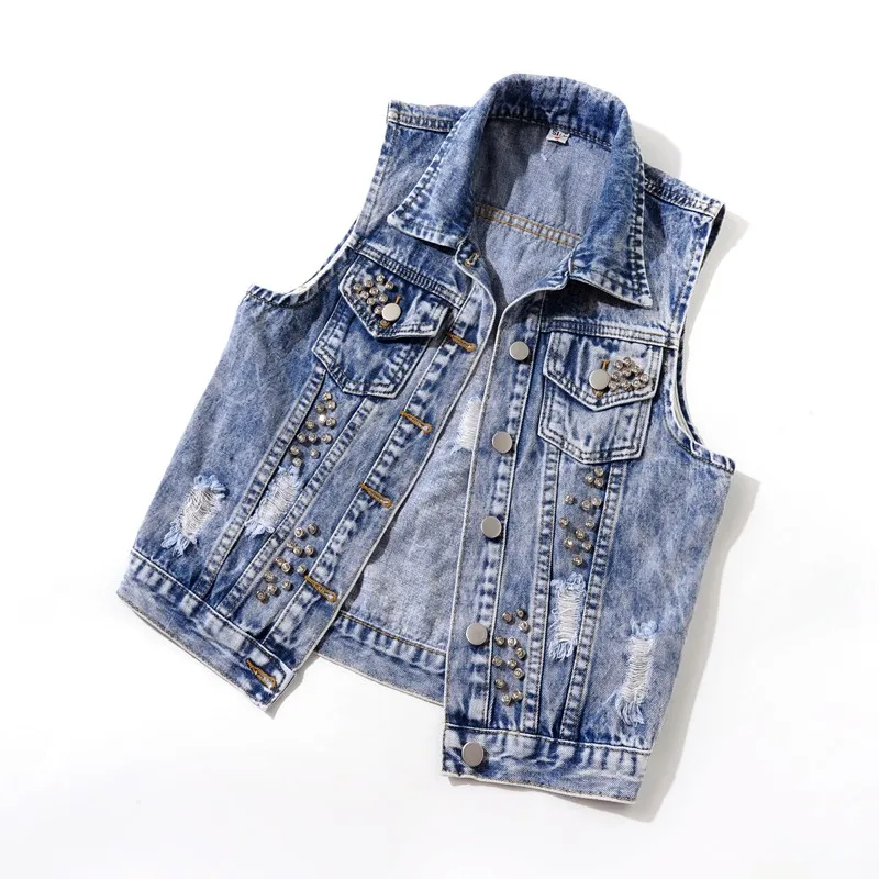 Women Summer Sleeveless Denim Jacket Kawaii Cat Printed Vest Top Hole Ripped Rivets Waistcoat Ladies Casual Jean Vests Coat | Женская