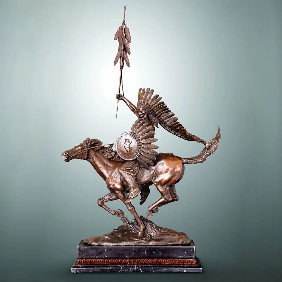 

Large Indian Chief Ridding Horse Bronze Sculpture Classical Male Statue Art Marble Base Home Office Decor