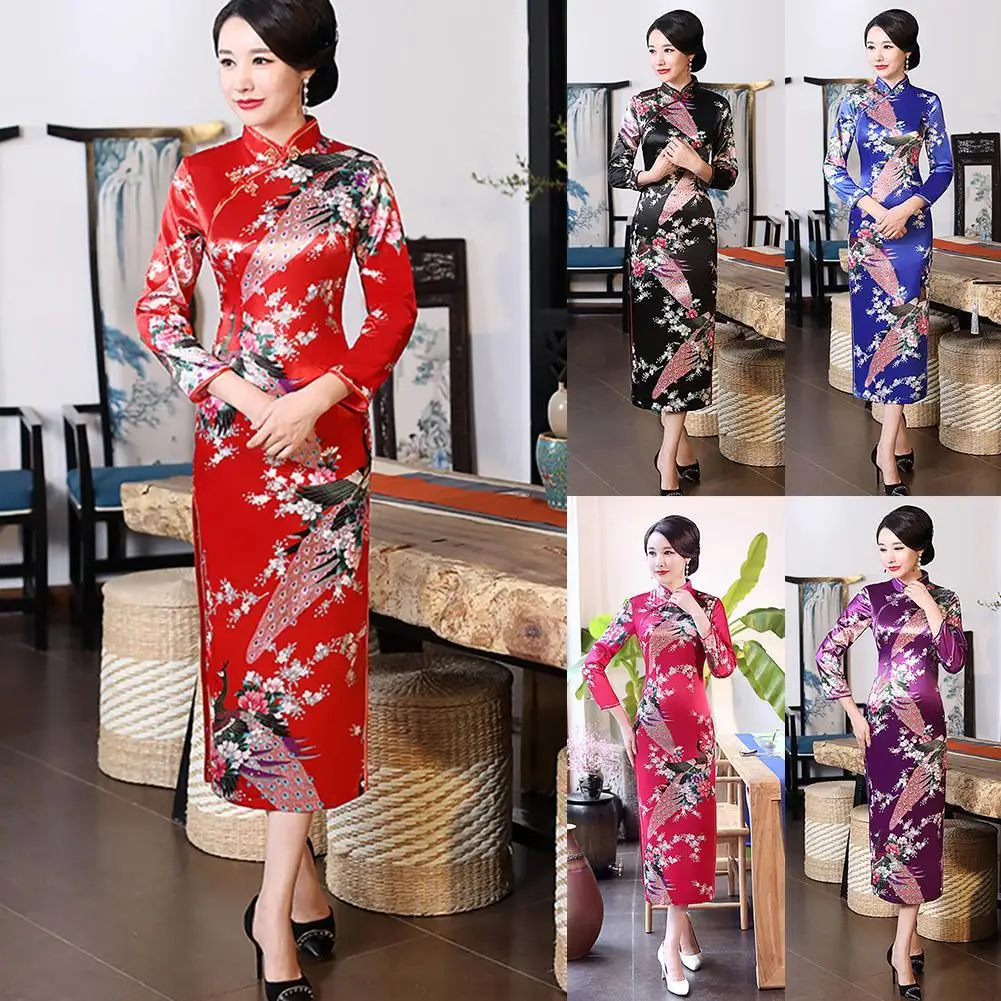 Women Dresses Lady Dresses Chinese 3/4 Sleeve Peacock Long Split Cheongsam Stage Show Midi Slim Dress
Women Dresses Lady Dresses Chinese 3/4 Sleeve Peacock Long Split Cheongsam Stage Show Midi Slim Dress