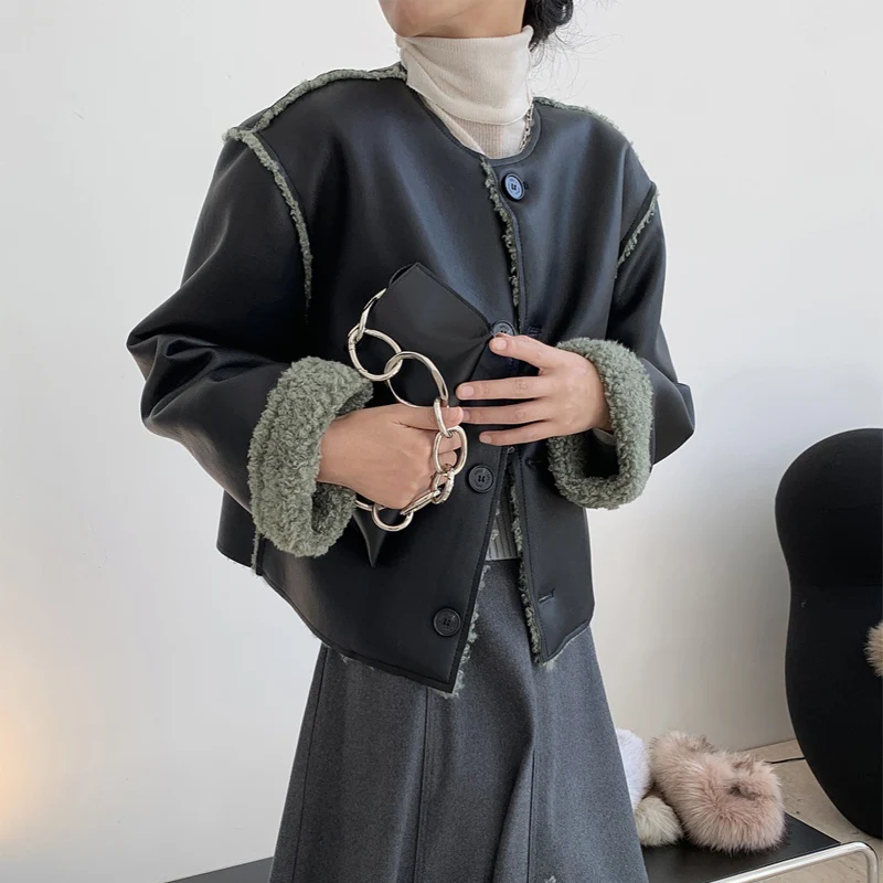 Зимняя женская куртка, Повседневная однотонная свободная Меховая куртка с круглым вырезом и длинным рукавом 
Зимняя женская куртка, Повседневная однотонная свободная Меховая куртка с круглым вырезом и длинным рукавом