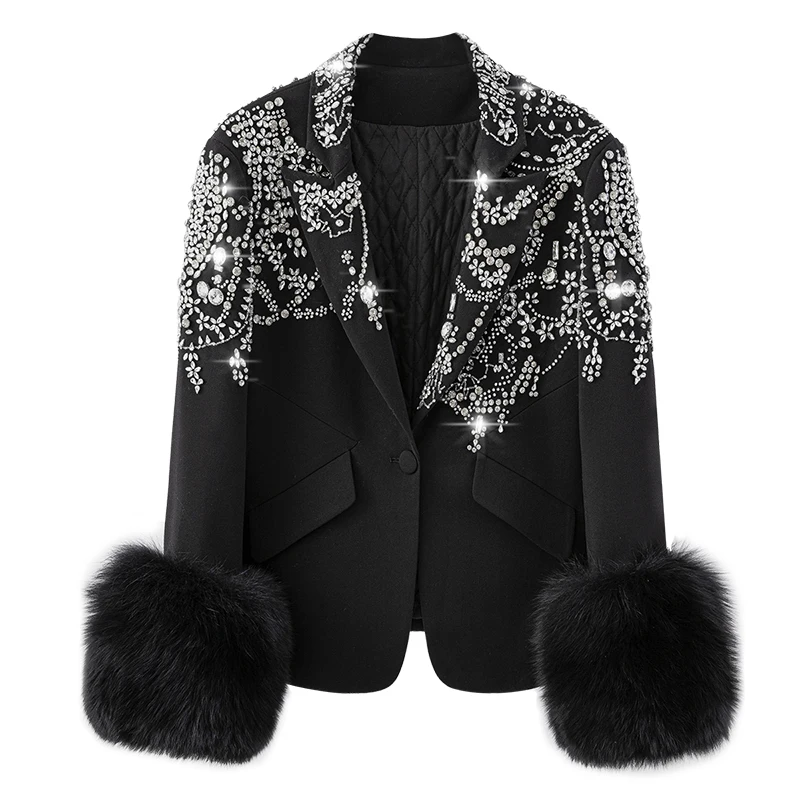 Women Decoration Blazer Ladies Black Blazer Coat Diamond Detachable Hairy Cuffs Women's Slim Suit Jacket Suit Blazer 2020 New
Women Decoration Blazer Ladies Black Blazer Coat Diamond Detachable Hairy Cuffs Women's Slim Suit Jacket Suit Blazer 2020 New