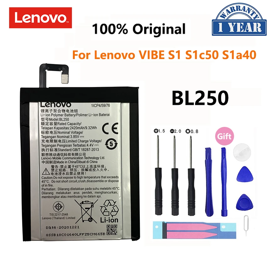 100% Оригинальный аккумулятор BL250 2420 мАч для Lenovo VIBE S1 S1c50 S1a40 S1Lite S1La40 аккумуляторные