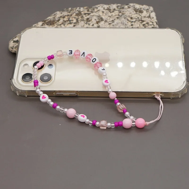 Boho Mobile Phone Chain Strap Beaded Female Imitation Pearl Letters Smiley Face Beads Black White Anti-lost Cellphone Lanyard |