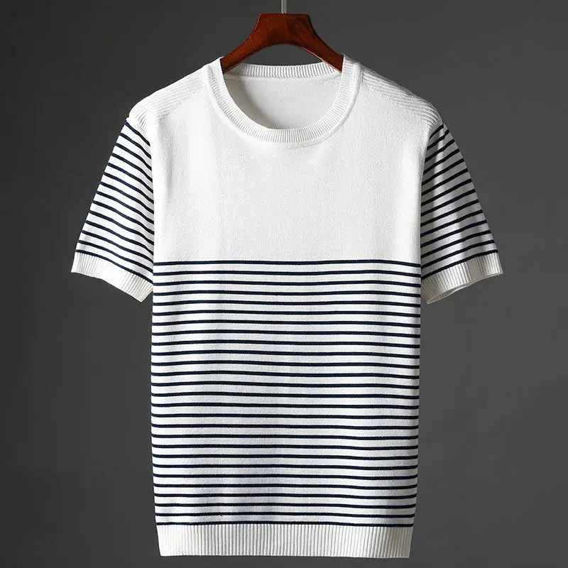 2022 Spring Summer Men's New Short Sleeve Stripes Tees Male Large Size Knitted T-shirt Ladies Sweater Bottoming Shirts W929
2022 Spring Summer Men's New Short Sleeve Stripes Tees Male Large Size Knitted T-shirt Ladies Sweater Bottoming Shirts W929