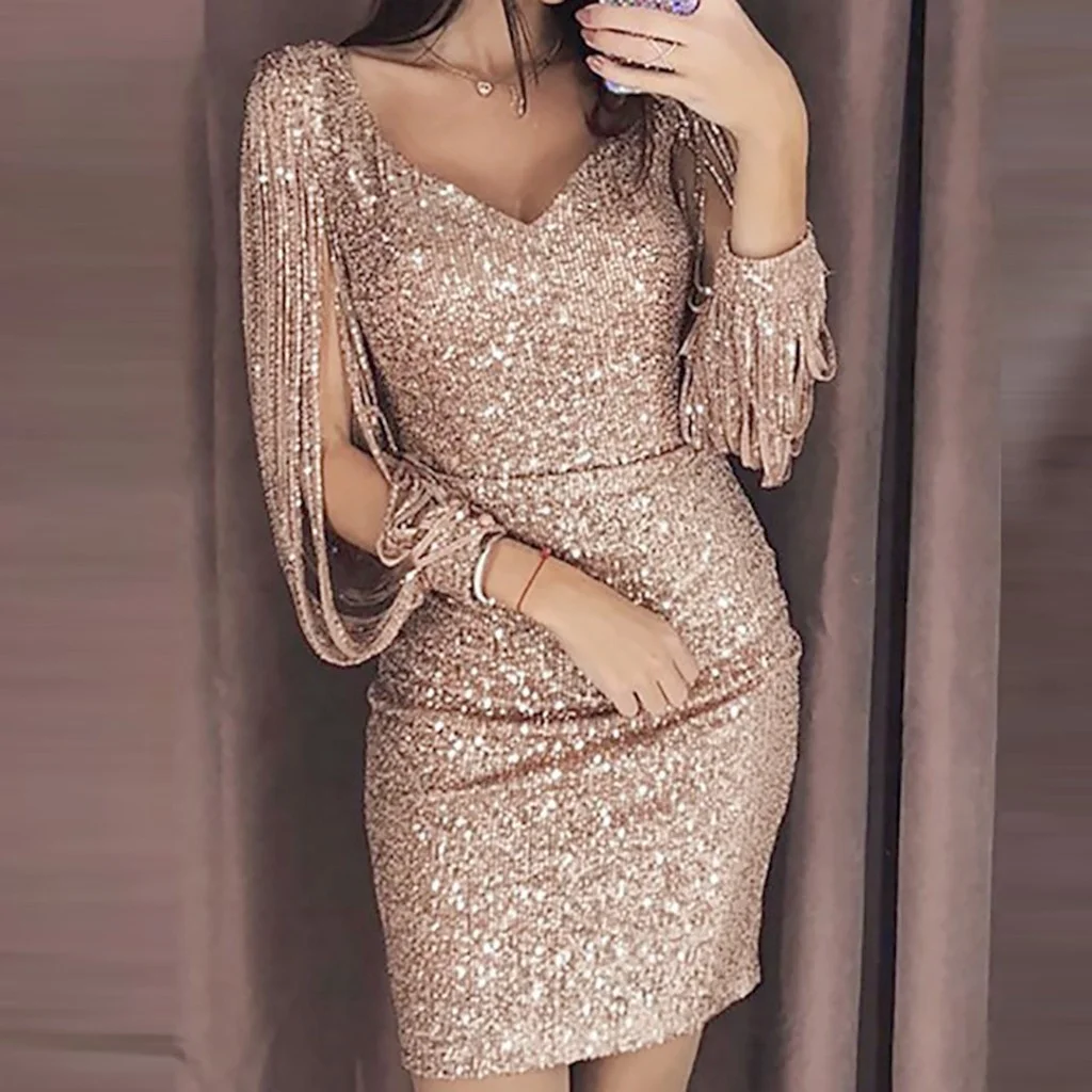 Sexy Solid Color Dress Women's Fashion Chic Sequined Stitching Shining Sheath Long Tassels Sleeves Mini Evening Party Dresses#4
Sexy Solid Color Dress Women's Fashion Chic Sequined Stitching Shining Sheath Long Tassels Sleeves Mini Evening Party Dresses#4