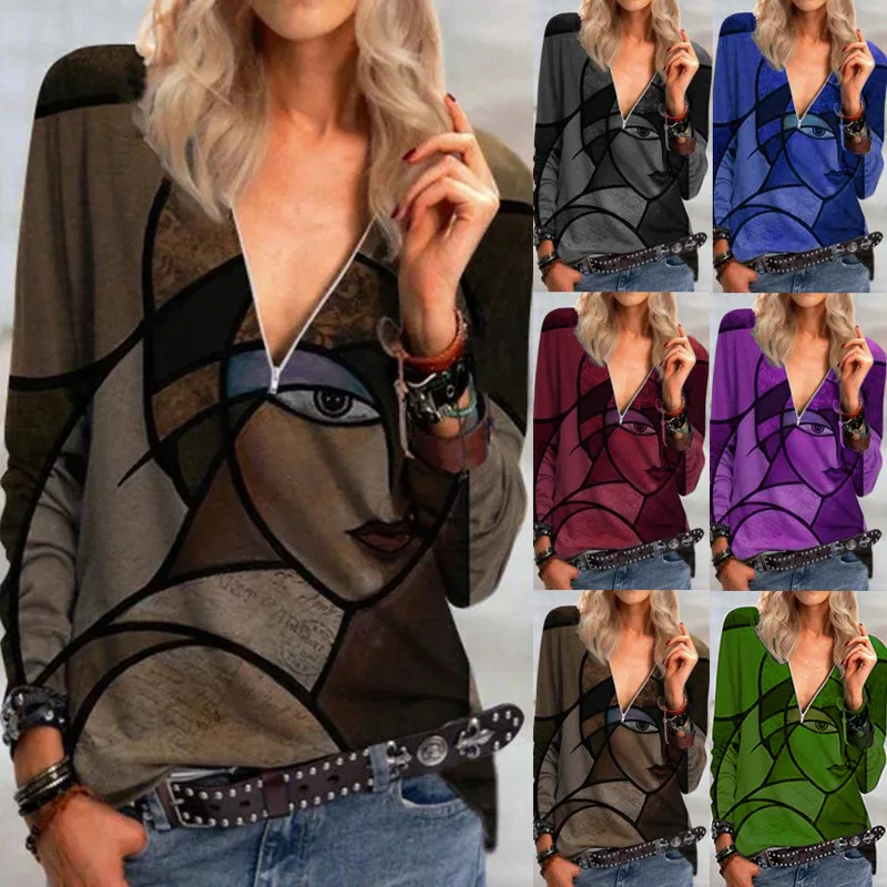 Women's top new casual empty pine face printing pattern long-sleeved zipper T-shirt autumn and winter clothes
Women's top new casual empty pine face printing pattern long-sleeved zipper T-shirt autumn and winter clothes