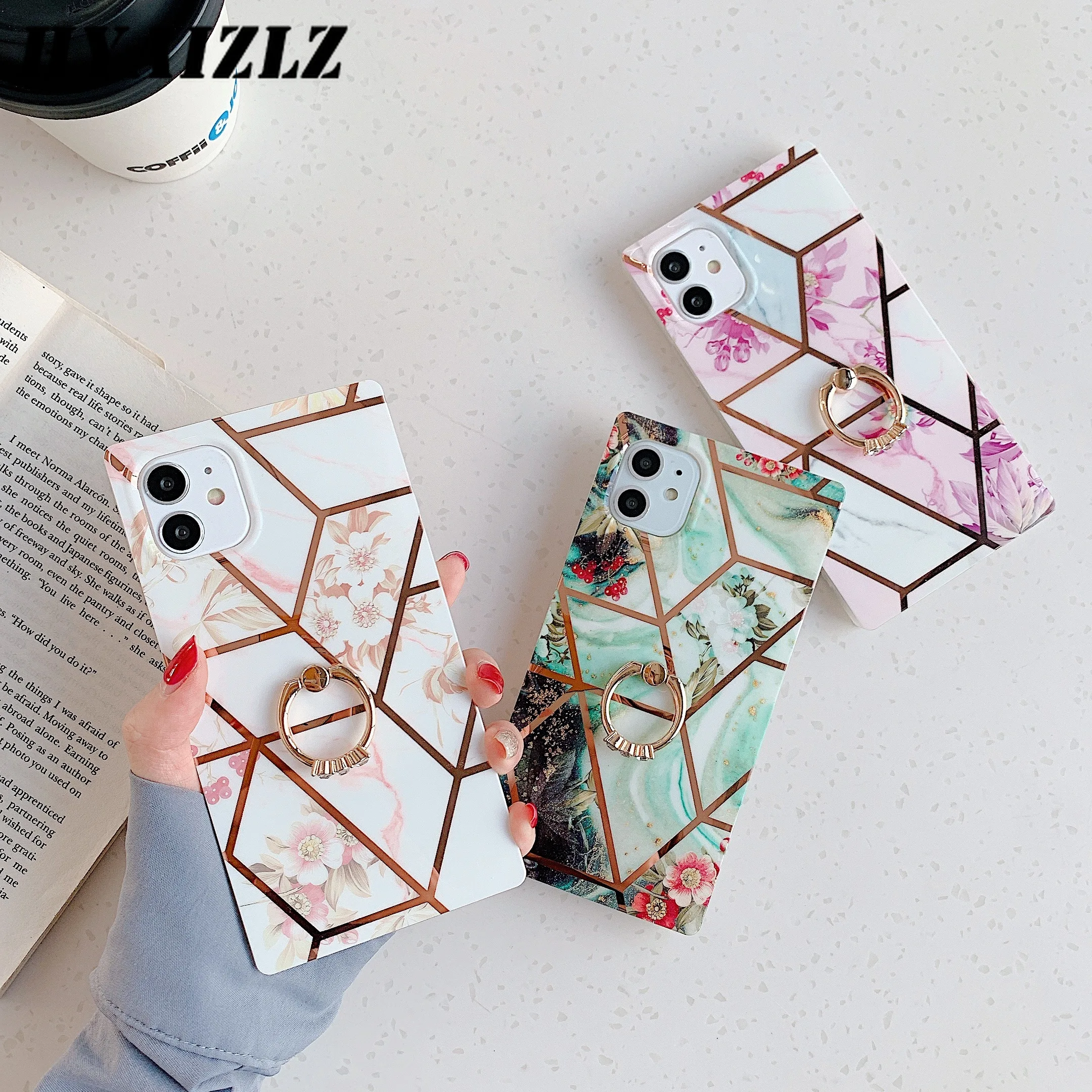 

Square Marble Case for iPhone 12 mini 11 Pro Max XR X XS 7 8 Plus SE 2020 Soft IMD Geometric Cover Shockproof Kickstand Coque
