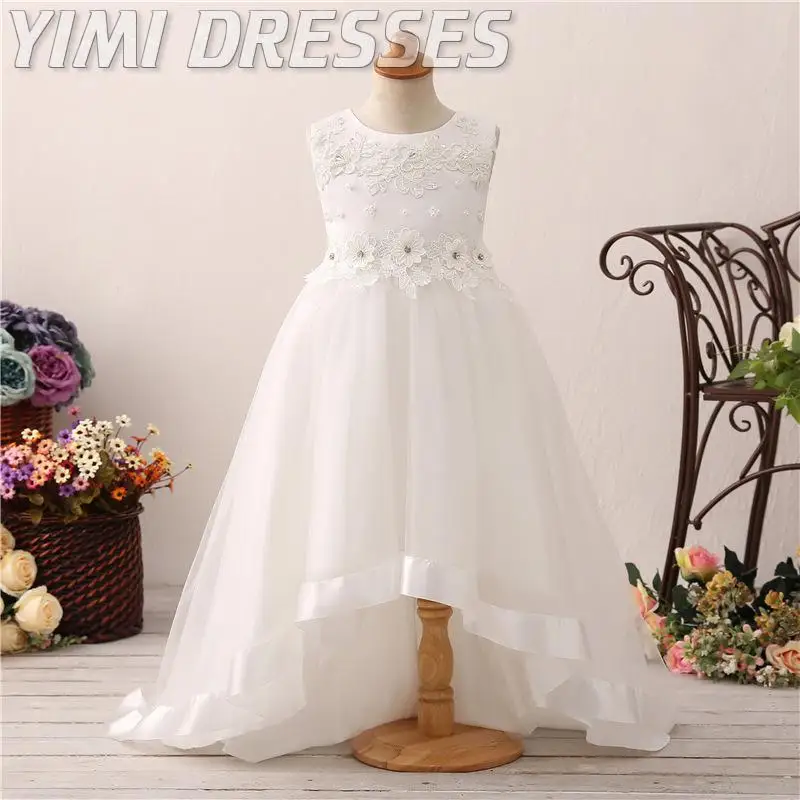 Белое кружевное платье с цветочным рисунком для девочек свадебное вечернее