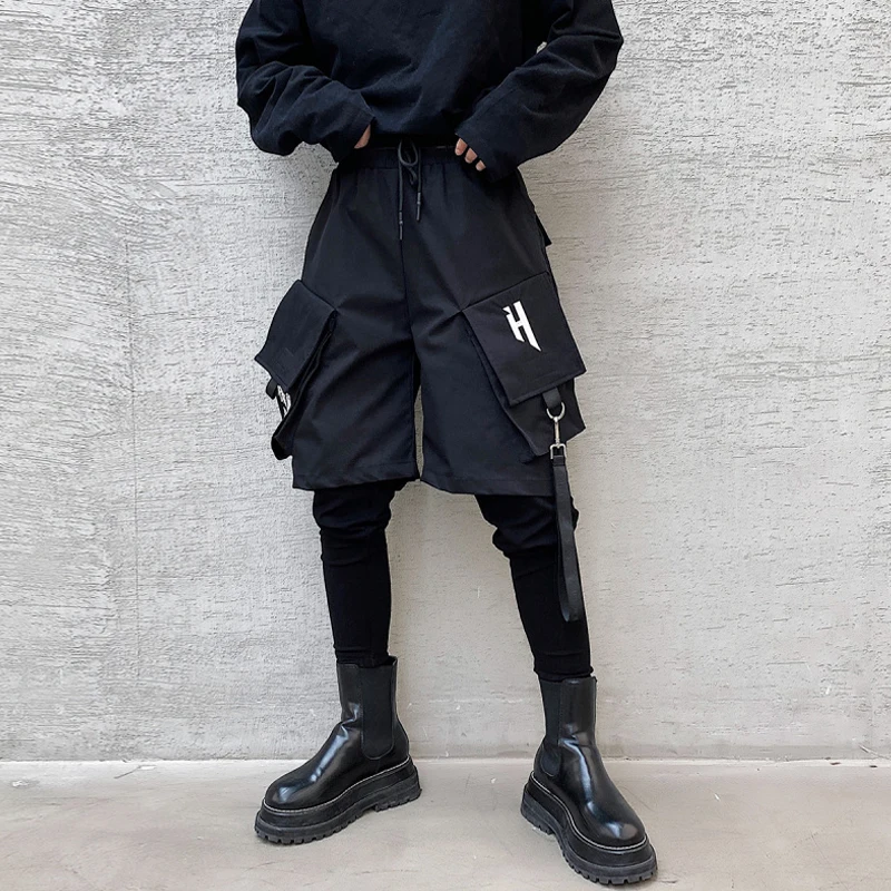 Fake Two Piece Hip Hop Cargo Pants Mens Embroidery Drawstring Joggers Ribbon Multi Pockets Techwear Harem Pants 
Fake Two Piece Hip Hop Cargo Pants Mens Embroidery Drawstring Joggers Ribbon Multi Pockets Techwear Harem Pants
