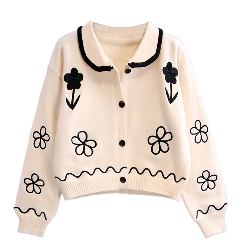 Spring Autumn Women Cropped Cardigan 2021 Floral Embroidery Turn Down Collar Knit Sweater Coat Casual Cardigan Mujer Knitwear
Spring Autumn Women Cropped Cardigan 2021 Floral Embroidery Turn Down Collar Knit Sweater Coat Casual Cardigan Mujer Knitwear
