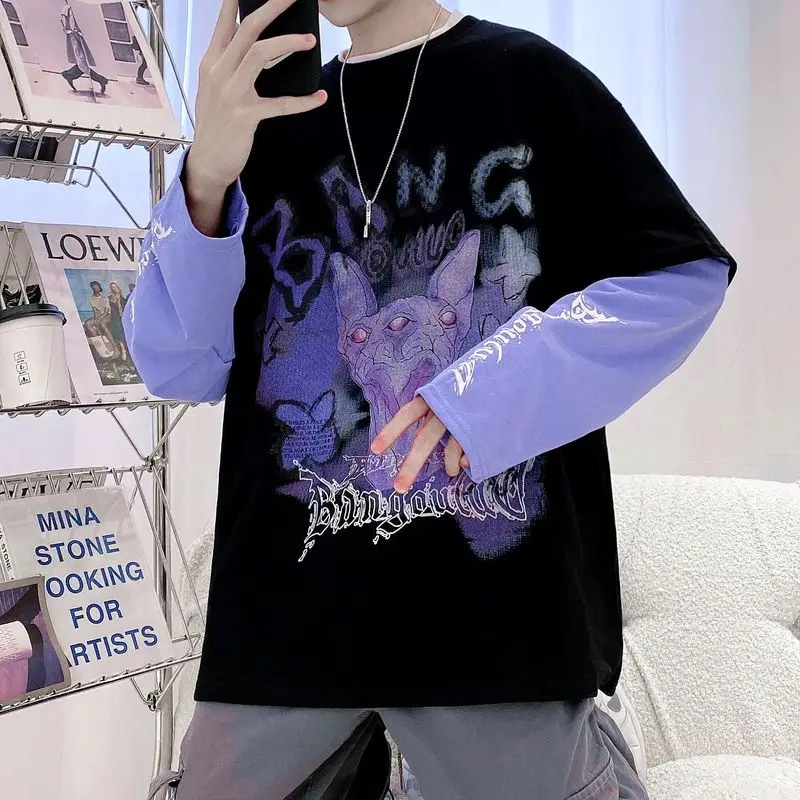 Autumn full-sleeved T-shirt men y2k high street Harajuku dark fake two-piece t-shirt all-match preppy Korean loose gothic tops
Autumn full-sleeved T-shirt men y2k high street Harajuku dark fake two-piece t-shirt all-match preppy Korean loose gothic tops