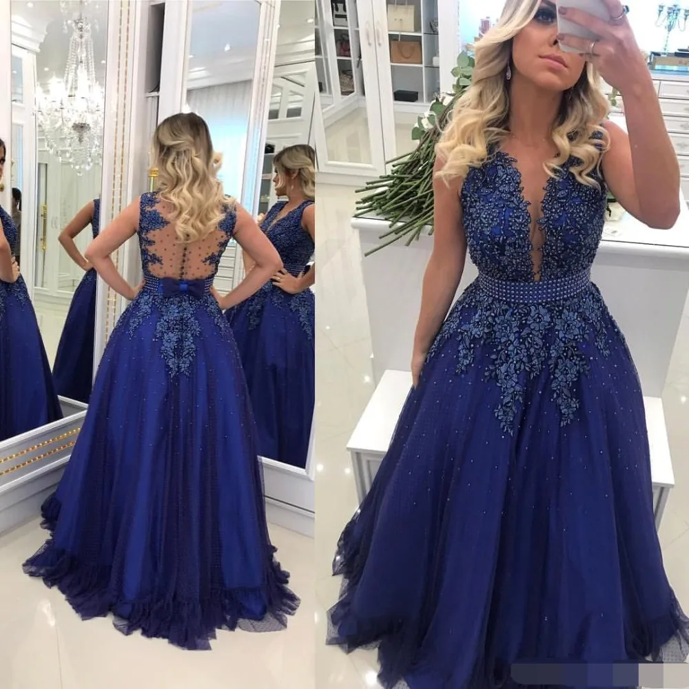 

robe de soiree Royal Blue Long Evening Dress 2019 Sheer Neck Lace Appliqued Beaded Pearls Tulle Prom Dresses Sexy Illusion Back