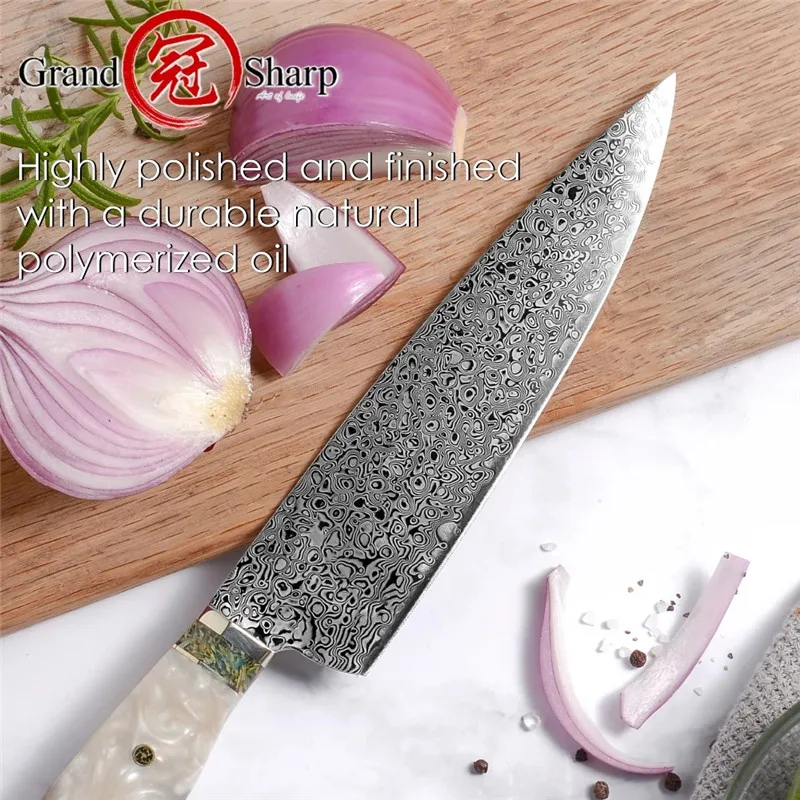 8 Inch 67 Layers VG10 Damascus Steel Japanese Knives Very Sharp Professional Chef Kitchen Knives With Resin&Wood Handle Gift Box 
8 Inch 67 Layers VG10 Damascus Steel Japanese Knives Very Sharp Professional Chef Kitchen Knives With Resin&Wood Handle Gift Box
