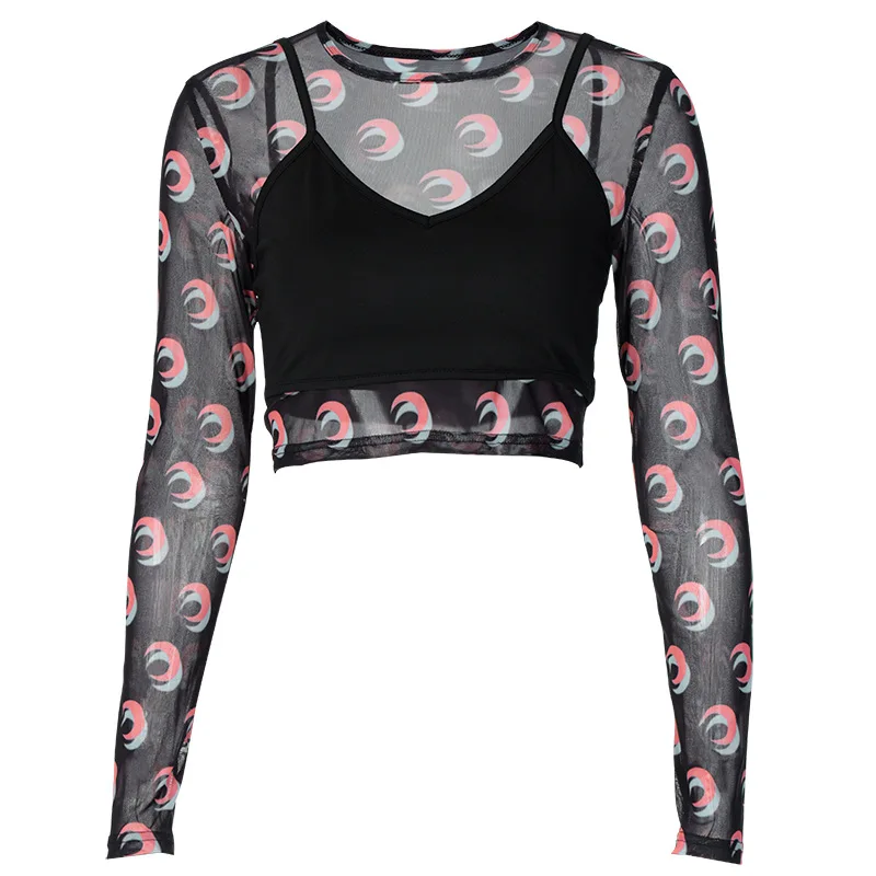 Sexy Crop Top Women Autumn Summer Streetwear 90s See Through Mesh Tee Shirt Femme Moon Print Top Black Camis 2 Pieces short Top
Sexy Crop Top Women Autumn Summer Streetwear 90s See Through Mesh Tee Shirt Femme Moon Print Top Black Camis 2 Pieces short Top