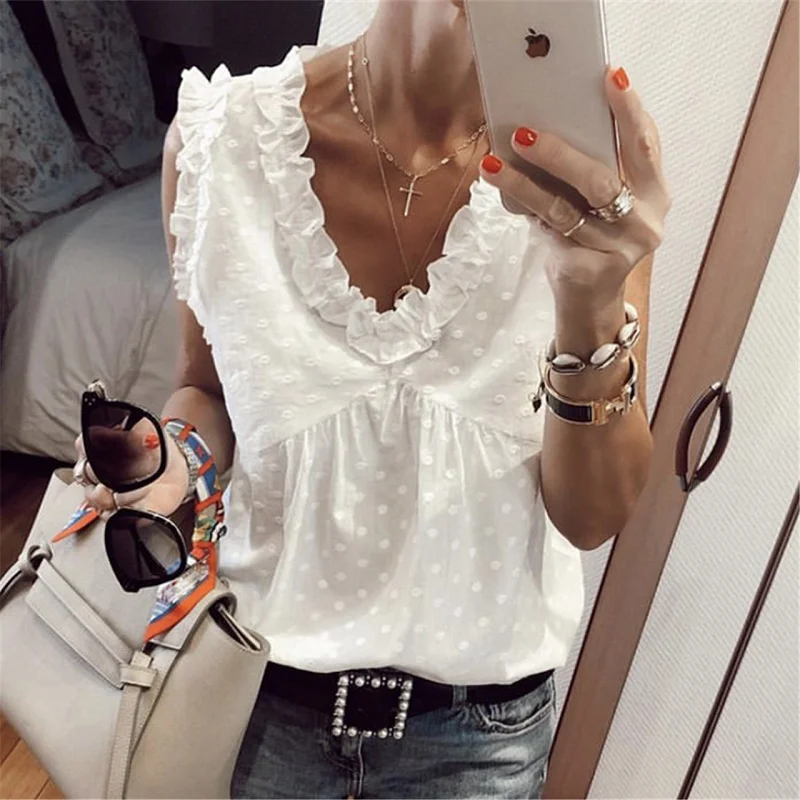 Polka Dot Print Embroidery Ruffle White Blouse Women Sexy V Neck Sleeveless Summer Shirts Casual Streetwear Elegant Chic Tops XL
Polka Dot Print Embroidery Ruffle White Blouse Women Sexy V Neck Sleeveless Summer Shirts Casual Streetwear Elegant Chic Tops XL