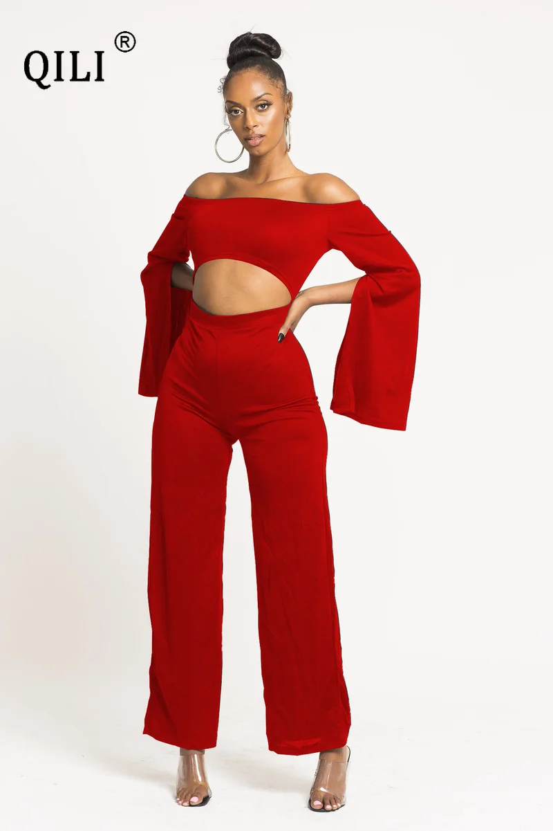 

QILI Women Off The Shoulder Jumpsuits Long Sleeve Hollow Out Sexy Jumpsuit Solid Wide Leg Long Pants Jumpsuits Burgundy