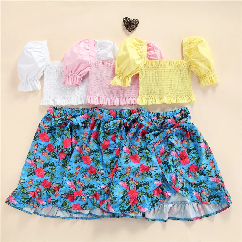 New Sweet Style Little Girls Outfit, Summer Solid Color Puff Sleeve Ruched Short Tops + Floral Printing Half Skirt + Belt Set
New Sweet Style Little Girls Outfit, Summer Solid Color Puff Sleeve Ruched Short Tops + Floral Printing Half Skirt + Belt Set
