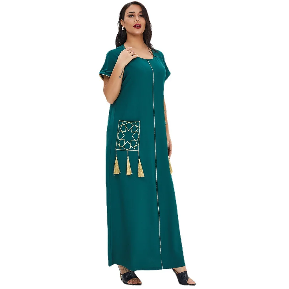 

Женское длинное платье с коротким рукавом, однотонное платье в мусульманском стиле Среднего Востока