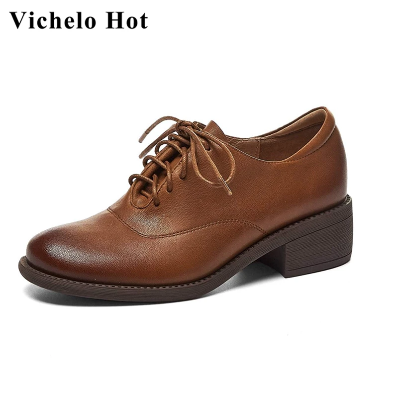 Vichelo Hot hot large size genuine leather round toe med heels minimalist fashion England style casual lace up women pumps L1f3
Vichelo Hot hot large size genuine leather round toe med heels minimalist fashion England style casual lace up women pumps L1f3