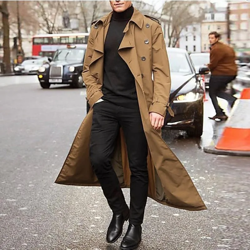 Ветровка мужская длинная однотонная модная повседневная двубортная куртка с