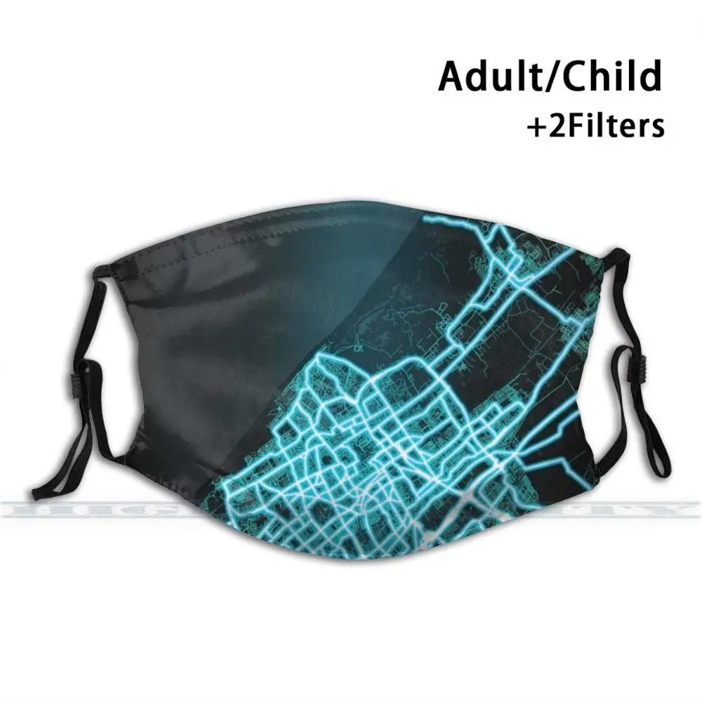

The Hague Netherlands Blue White Neon Glow City Map Print Reusable Mask Pm2.5 Filter Trendy Mouth Face Mask For Child Adult The