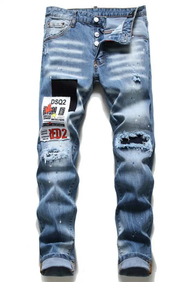 Autumn and winter fashion tattered white men's slim stretch D2 jeans high-end blue patch tight begging pants 
Autumn and winter fashion tattered white men's slim stretch D2 jeans high-end blue patch tight begging pants