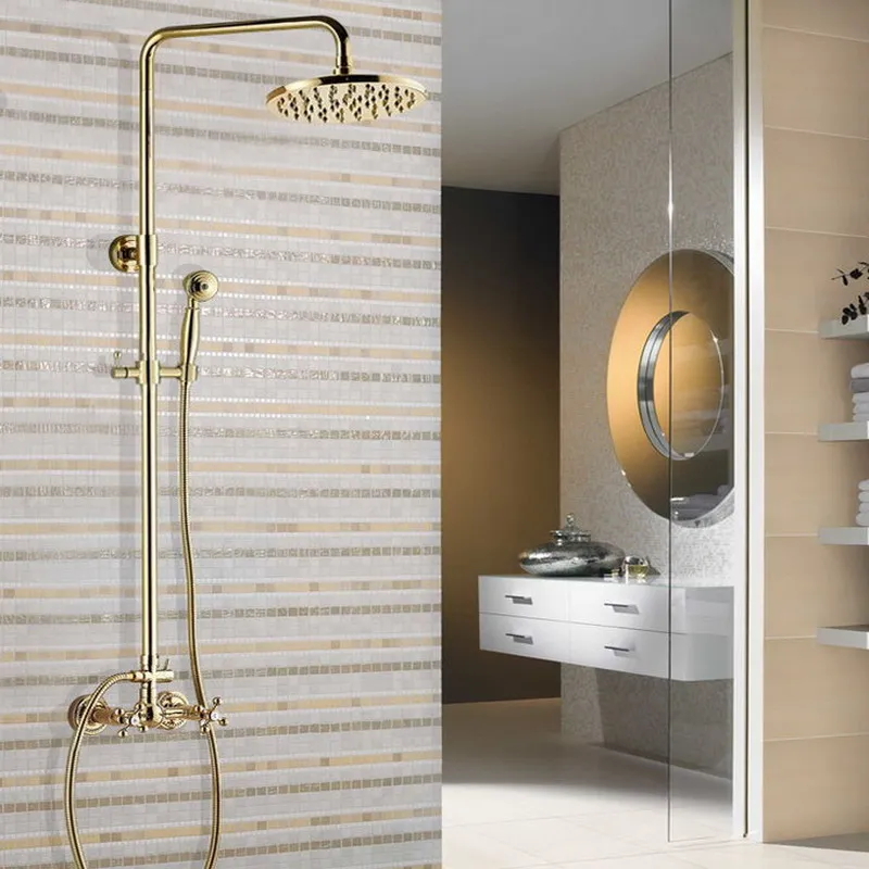 Смесители для душа, золотой латунный Смеситель для ванной комнаты, смеситель для душа, набор, насадка для душа от дождя, круглая, настенная, ... 
Смесители для душа, золотой латунный Смеситель для ванной комнаты, смеситель для душа, набор, насадка для душа от дождя, круглая, настенная, ...
