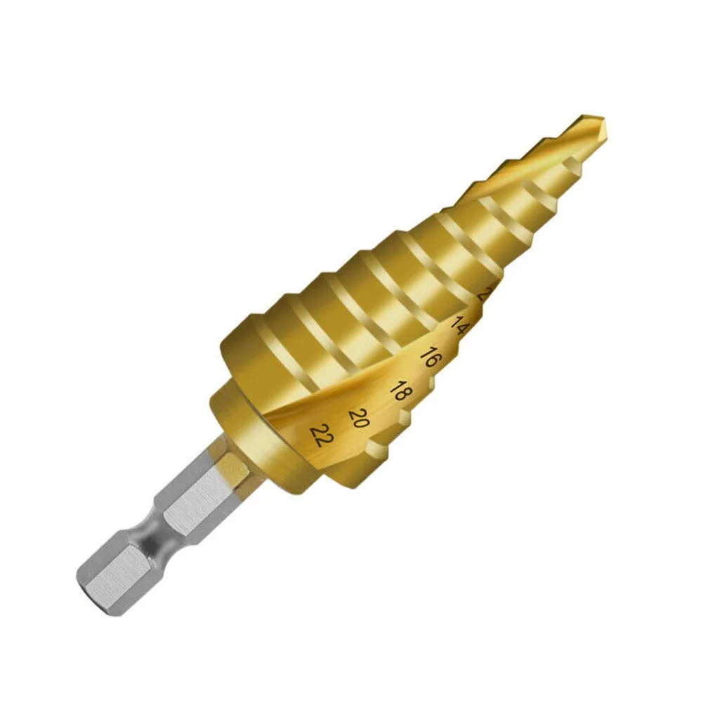 1*Step Drill Bit Hexagonal Shank Titanium Plated Spiral Step Drill 4-22mm Make Holes Of Various Sizes Water Cooling Work Bit
1*Step Drill Bit Hexagonal Shank Titanium Plated Spiral Step Drill 4-22mm Make Holes Of Various Sizes Water Cooling Work Bit