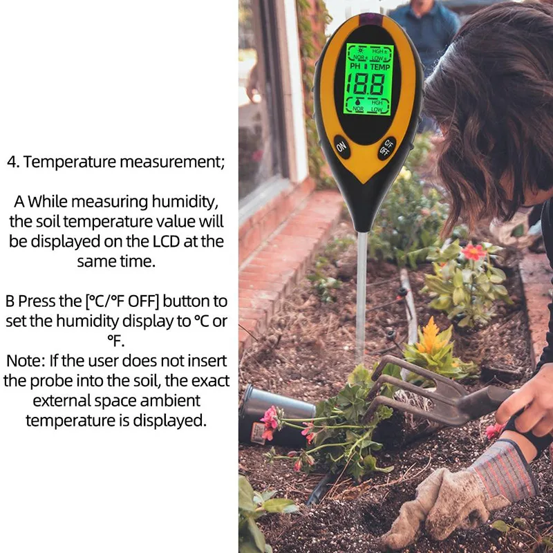 4 In1 Plant Soil PH Meter Moisture Tester Light Analyzer Temperature Sunlight Intensity Measurement Analysis Acidity F2
4 In1 Plant Soil PH Meter Moisture Tester Light Analyzer Temperature Sunlight Intensity Measurement Analysis Acidity F2