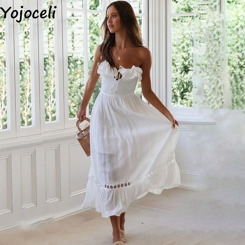 Yojoceli Elegant white lace floal dress women Summer strap long beach boho dress Casual ruffle maxi sundress vestidos
Yojoceli Elegant white lace floal dress women Summer strap long beach boho dress Casual ruffle maxi sundress vestidos