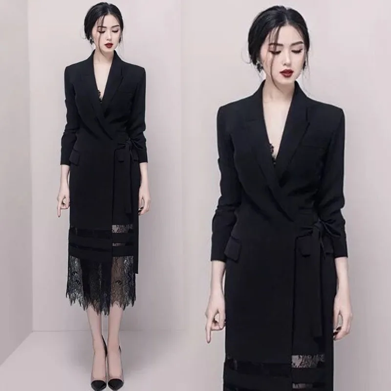 VANOVICH Korean Style Temperament Long-sleeved Tie Lace Stitching Black Suit Dress 2022 Spring and Autumn New Dress for Women
VANOVICH Korean Style Temperament Long-sleeved Tie Lace Stitching Black Suit Dress 2022 Spring and Autumn New Dress for Women