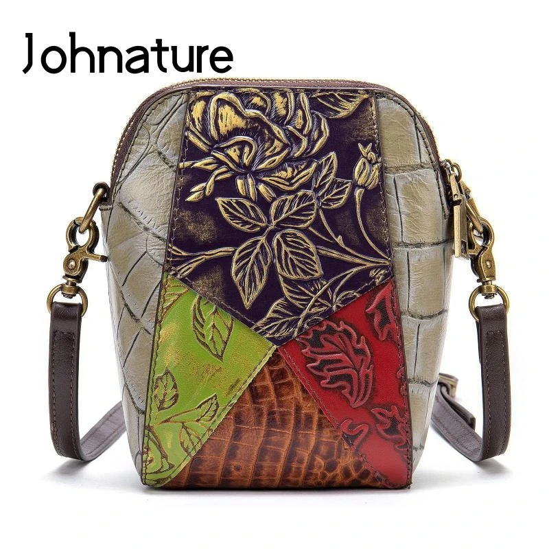 

Johnature Ladies Bags 2022 New Genuine Leather Handmade Embossed Shoulder Bags Random Color Stitching Messenger Bag