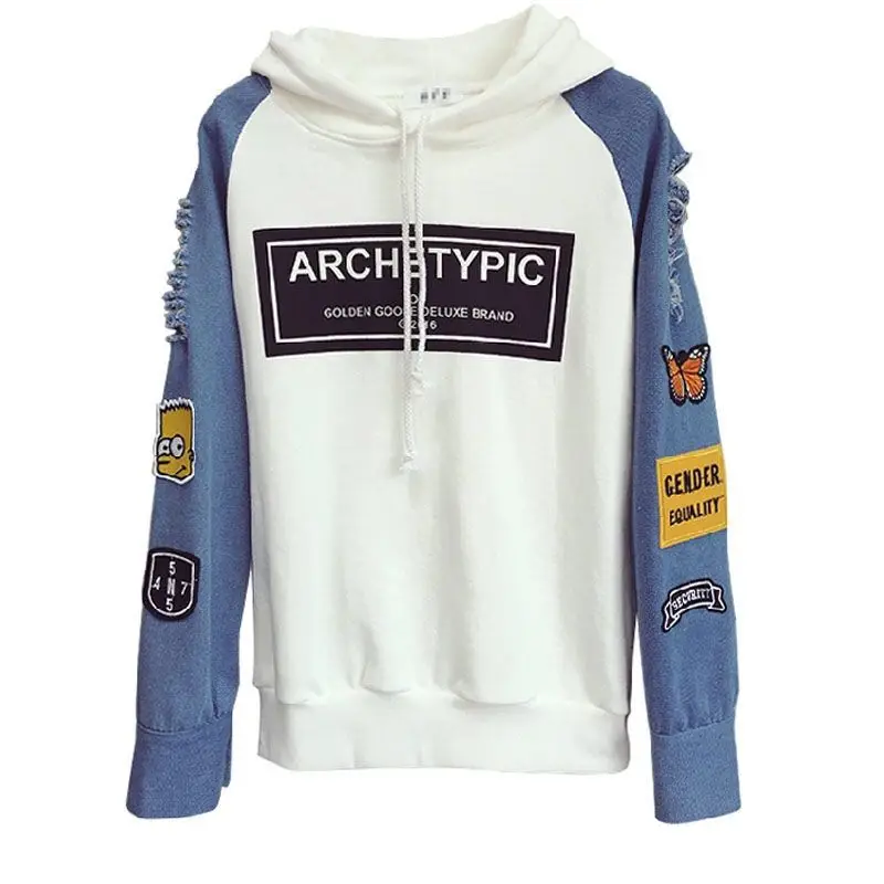 New with cotton spring and autumn new Korean wind denim hole hooded sweater women's long sleeve loose outer wear Joker jacket
New with cotton spring and autumn new Korean wind denim hole hooded sweater women's long sleeve loose outer wear Joker jacket