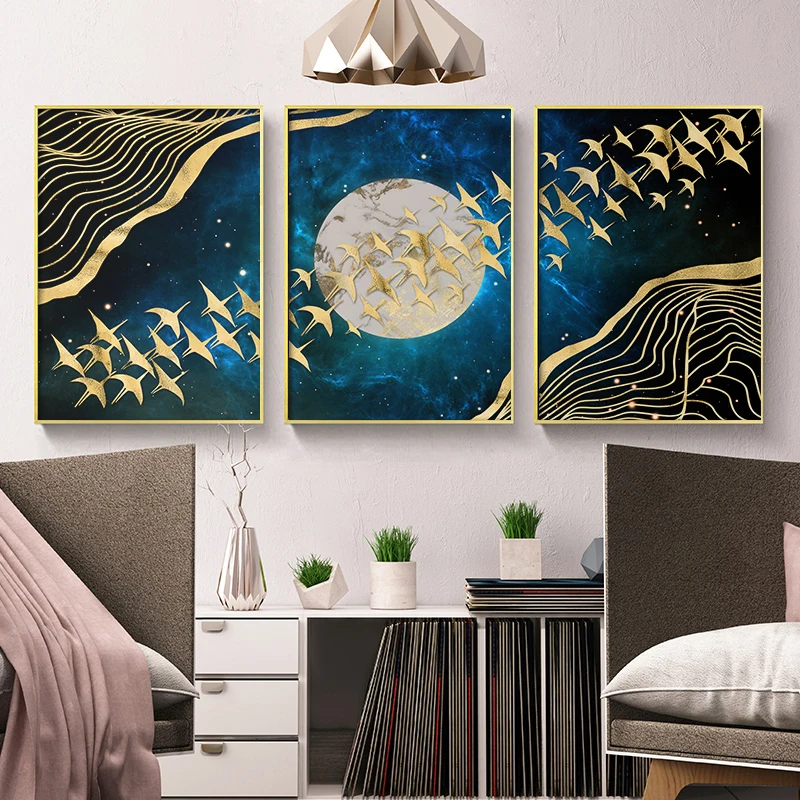 Canvas Art Painting Blue Gold Foil Line Space Moon Stars Wall Picture For Living Room Home Decor Flying Birds Poster Printing
Canvas Art Painting Blue Gold Foil Line Space Moon Stars Wall Picture For Living Room Home Decor Flying Birds Poster Printing