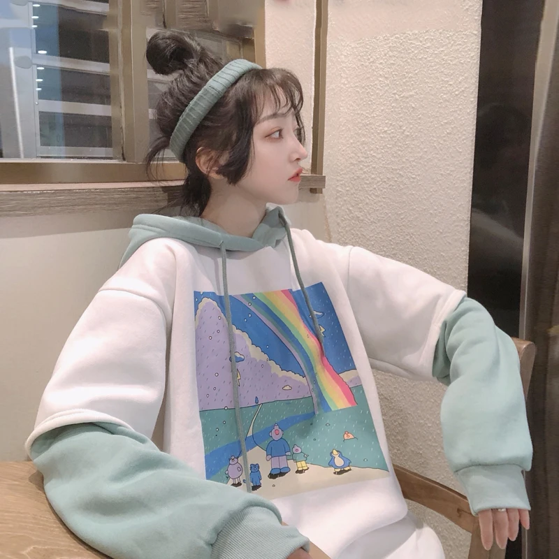 Hoodies Women Printed Patchwork Hoody Simple Thicker All-match Loose Simple Korean Style BF Drawstring Womens Streetwear Hoodie
Hoodies Women Printed Patchwork Hoody Simple Thicker All-match Loose Simple Korean Style BF Drawstring Womens Streetwear Hoodie