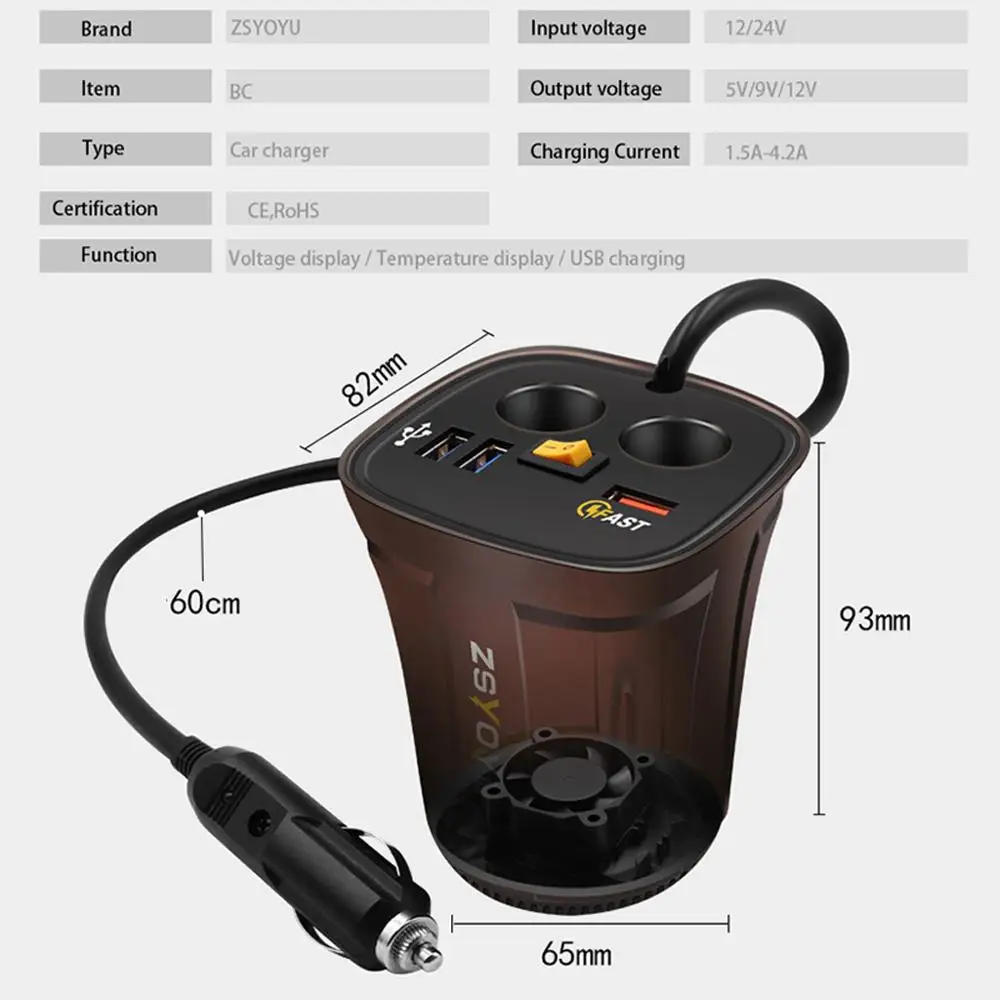 2 Socket Cigarette Lighter Splitter Power Adapter 3 USB QC 3.0 Cell Phone Charger Voltmeter Thermometer ON OFF Switch
2 Socket Cigarette Lighter Splitter Power Adapter 3 USB QC 3.0 Cell Phone Charger Voltmeter Thermometer ON OFF Switch