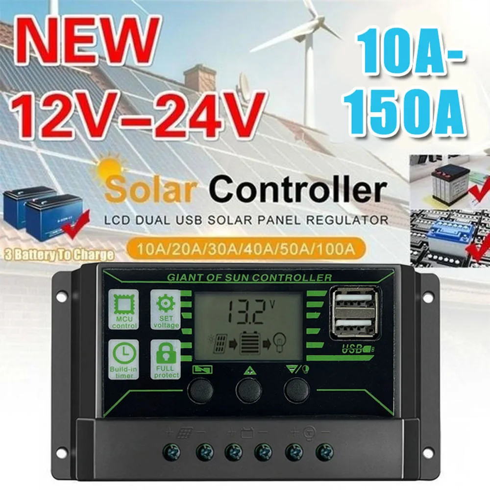 10-150A DC12V/24V Solar Charge Controller Lithium Battery Charge Regulator LCD Display PWM Dual USB
10-150A DC12V/24V Solar Charge Controller Lithium Battery Charge Regulator LCD Display PWM Dual USB
