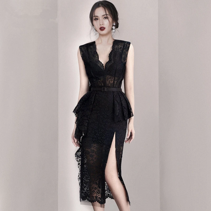WTIANYUW Runway Summer Bodycon Lace Long Women 2021 Elegant Black Lace Dresses Hollow Ruffles Casual sleeveless Dress With Belt
WTIANYUW Runway Summer Bodycon Lace Long Women 2021 Elegant Black Lace Dresses Hollow Ruffles Casual sleeveless Dress With Belt