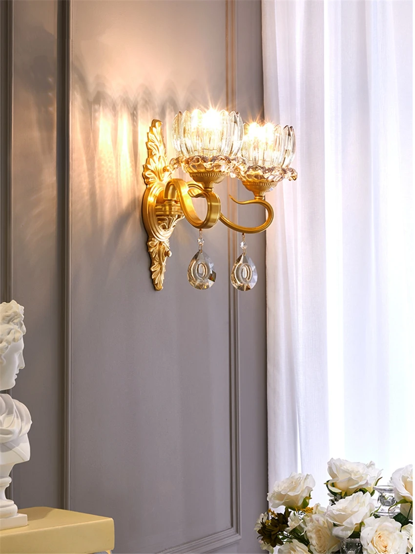 Golden bedside flower crystal wall lamps bedroom European living room bathroom mirror headlights luxury wall sconces lights 
Golden bedside flower crystal wall lamps bedroom European living room bathroom mirror headlights luxury wall sconces lights
