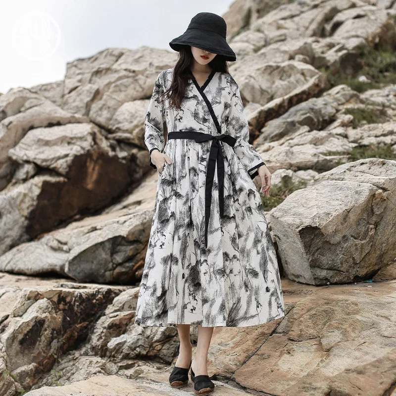 890609 Autumn Women Dress Vintage Ink Painting Floral Printed Waist Belt V-Neck Pocket Casual Looose Streetwear Female Dresses 
890609 Autumn Women Dress Vintage Ink Painting Floral Printed Waist Belt V-Neck Pocket Casual Looose Streetwear Female Dresses