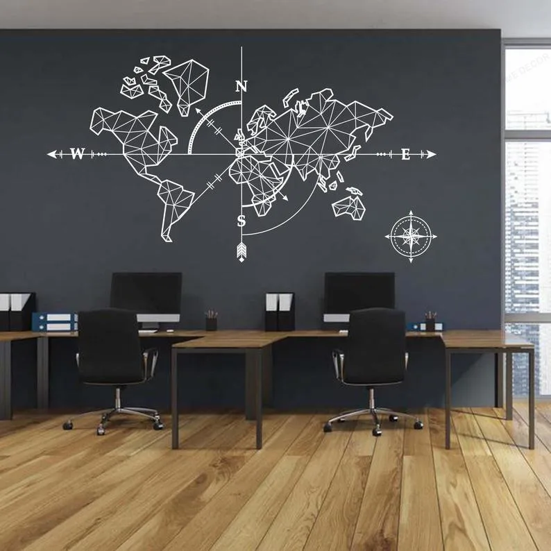 

Large World Mape Compass for home Wall Decal Adventure Exploration Global travel for Office classroomVinyl Wall StickerHJ507