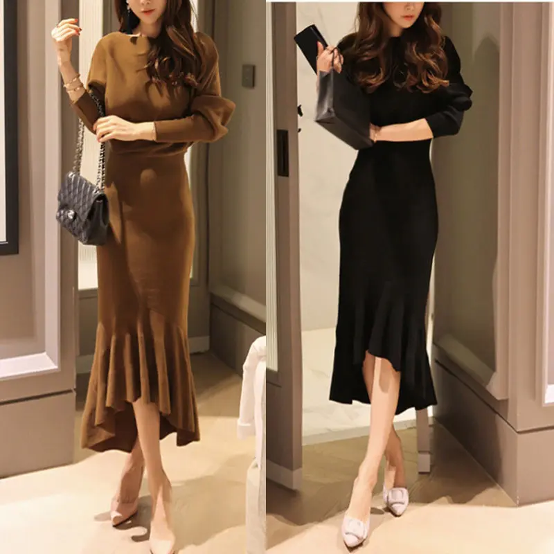 2021 New Autumn Winter Sexy Slim Women Dress Solid Bat Sleeves Ruffle Mid-Length Thicken Warm Knitwear Female
2021 New Autumn Winter Sexy Slim Women Dress Solid Bat Sleeves Ruffle Mid-Length Thicken Warm Knitwear Female