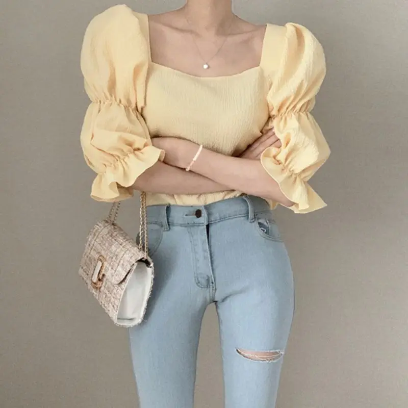 Summer Vintage Puff Sleeve Women Blouse Square Neck Solid Color Korean Style Tops Female Sexy Slim Fashion Blouse
Summer Vintage Puff Sleeve Women Blouse Square Neck Solid Color Korean Style Tops Female Sexy Slim Fashion Blouse