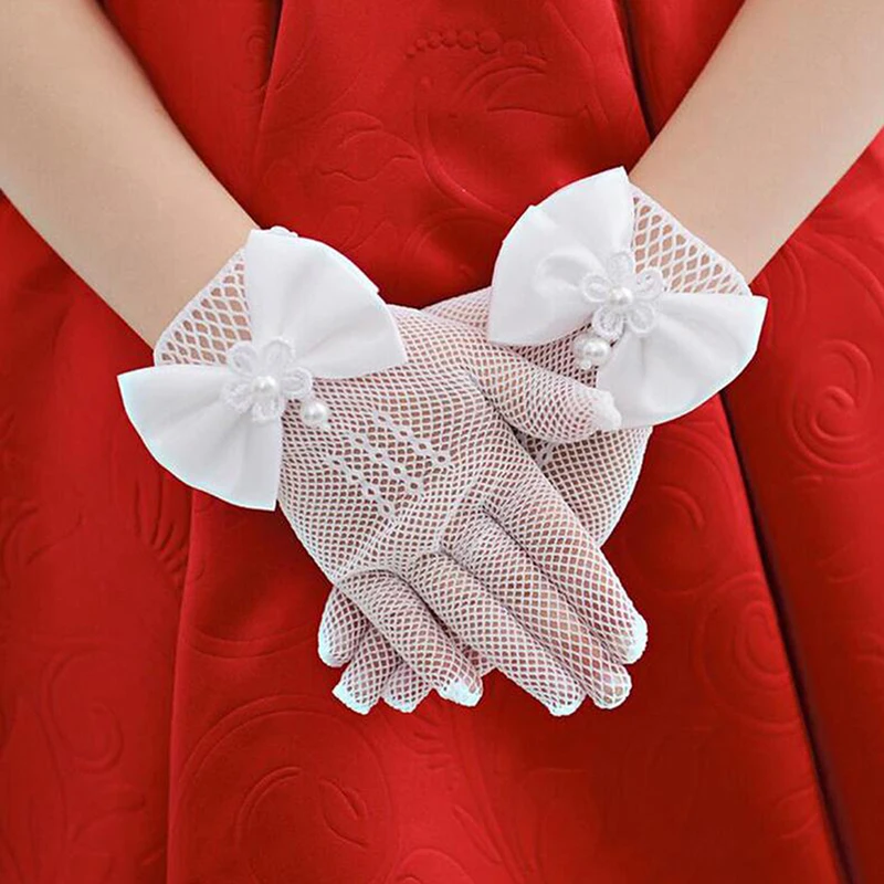 Фото Женские белые элегантные короткие перчатки полный палец прозрачная лента бант