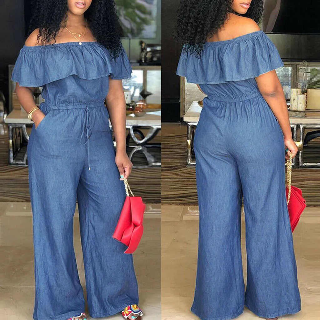 

Women Jump Suit Off Shoulder Oversized Bodysuit Denim Jeans Look Long Party Club Playsuits Jumpsuits Dropshipping