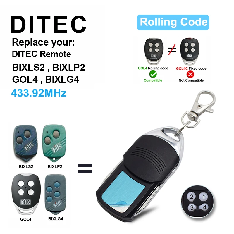 DITEC Garage Door Remote Control 433MHz Rolling Code For GOL4 BIXLG4 BIXLP2 BIXLS2 Remotes control gate opener
DITEC Garage Door Remote Control 433MHz Rolling Code For GOL4 BIXLG4 BIXLP2 BIXLS2 Remotes control gate opener