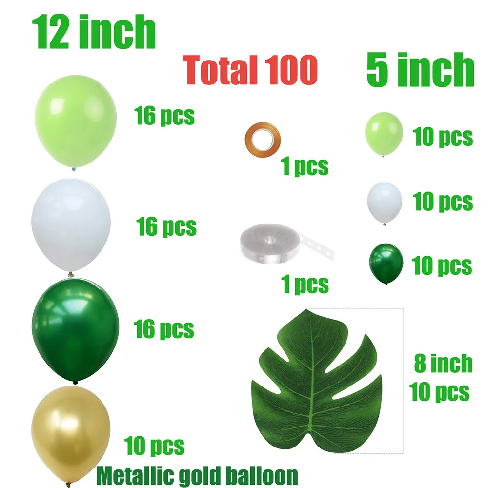 Jungle Party Balloon Garland Kit - Metallic Gold Green White Latex Balloons with Palm Leaf.100 Count
Jungle Party Balloon Garland Kit - Metallic Gold Green White Latex Balloons with Palm Leaf.100 Count